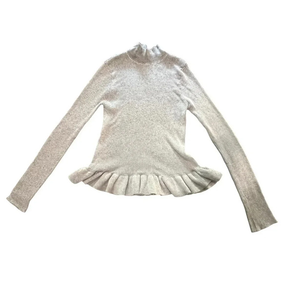 Anthropologie John & Jenn Gray Mock Neck Ribbed Ruffled‎ Hem Sweater Size Small - Picture 1 of 5